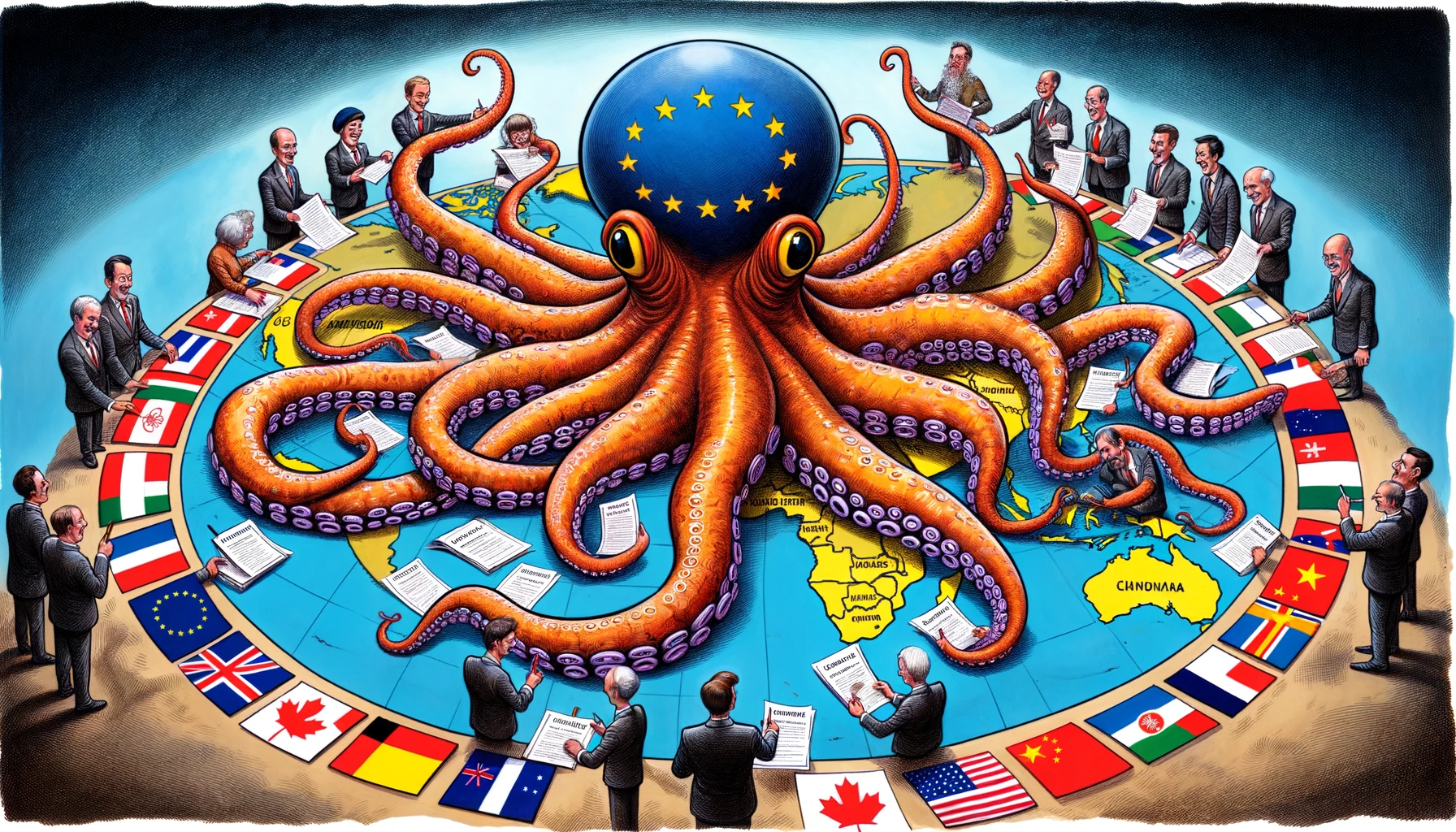 DALL·E 2024-02-02 16.33.24 - Imagine a wide caricature-style drawing of the European Union represented as an octopus situated on a world map. This octopus has multiple tentacles