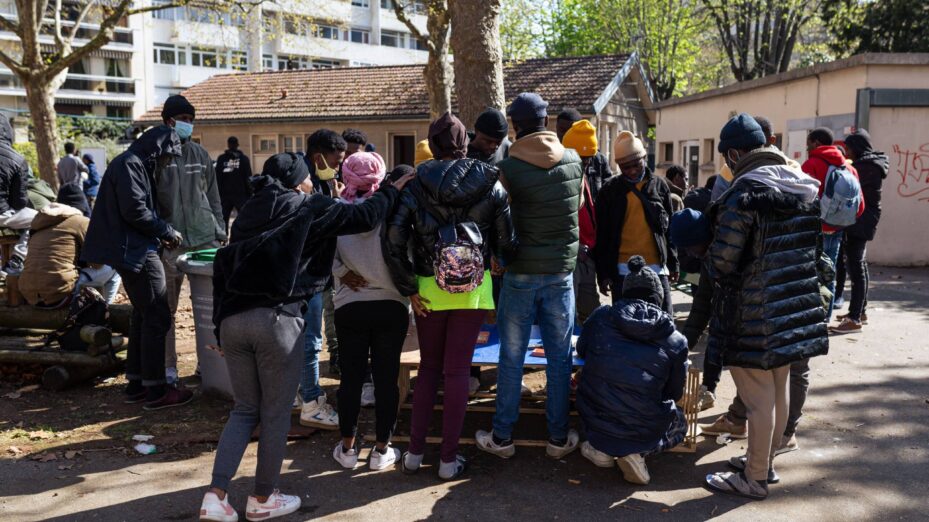 Mandatory Credit: Photo by Telmo Pinto/SOPA Images/Shutterstock (13861909m) A group of homeless young migrants are seen gathering in an abandoned school. More than 200 homeless young migrants occupied peacefully a disused school in Paris. Accompanied by associations Utopia 56, Timmy Association, Centre Tara and Le Midi du Mie the teenagers that were living on the streets of Paris for the last months, protest against the inhumane treatment of unaccompanied minors arriving in France from Africa. Occupation of abandoned school by homeless teenagers in Paris - 05 Apr 2023