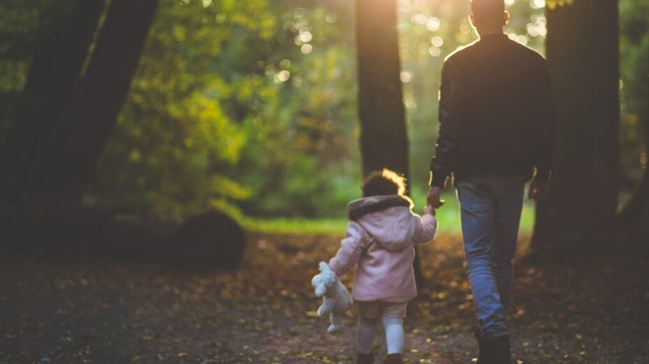 father, daughter, forest, walk