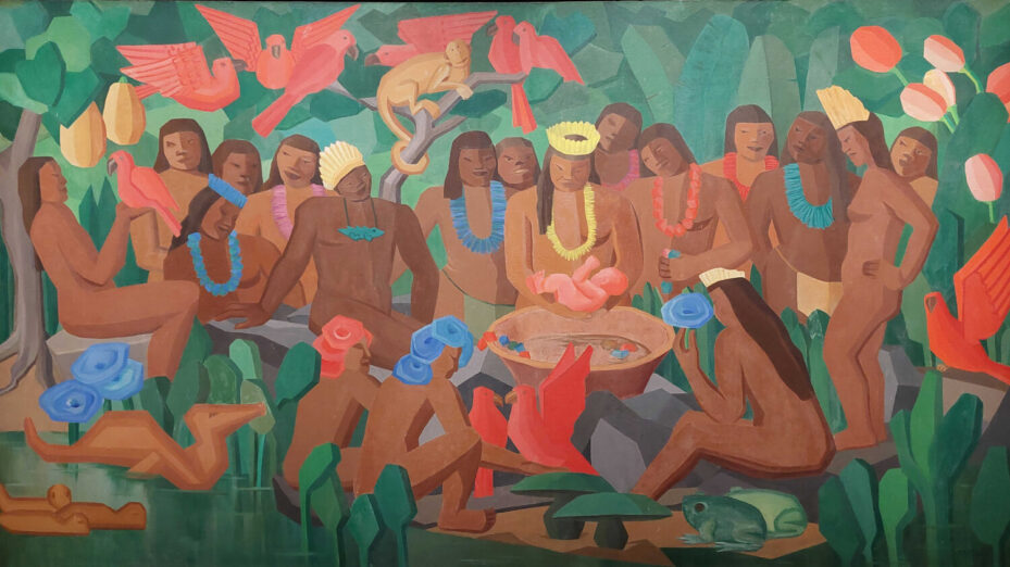 Tarsila do Amaral, Batizado de Macunaíma [Baptême de Macounaíma], 1956. Huile sur toile, 132,5 x 250 cm. Collection particulière. © Samuel Martin