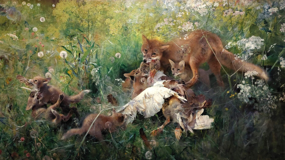 Bruno Liljefors, Une famille de renards,1886 (détail). Nationalmuseum, Stockholm. © Samuel Martin