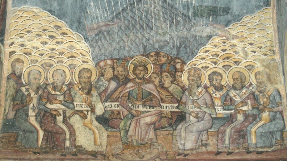 Fresque représentant les évêques assemblés à Nicée, église du monastère de l'Église du monastère Stavropoleos, XVIIIe siècle.