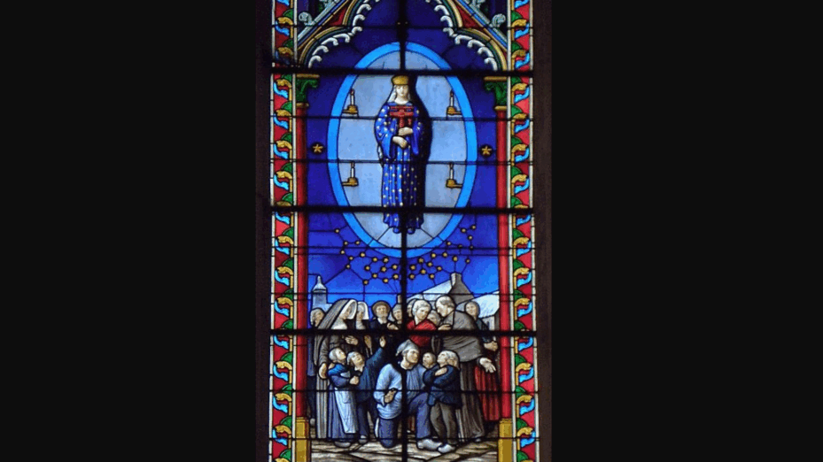 Scène 3 de l'apparition de Pontmain. Vitrail de la basilique Notre-Dame d'Espérance de Pontmain (53). GO69, CC0, via Wikimedia Commons