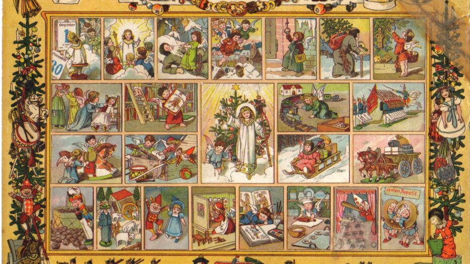 Im Lande des Christkinds, calendrier de l'Avent. Par Richard Ernst Kepler — Bild: [1] / Infos: [2] mit Abbildungen (beklebt und unbeklebt): Adventskalender im Wandel der Zeit, (Hg.: Markus Mergenthaler) Verlag J. H. Röll 2007 ISBN 978-3-89754-279-2 S. 14 bis 15, Domaine public, https://commons.wikimedia.org/w/index.php?curid=29996039
