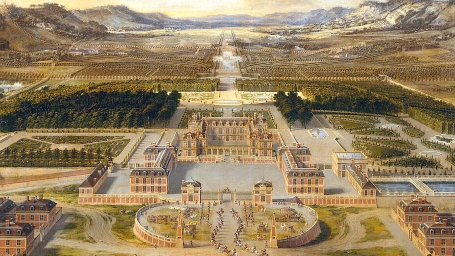 Vue du château et des jardins de Versailles, prise de l'avenue de Paris, 1668 peint par Pierre Patel. Domaine public, https://commons.wikimedia.org/w/index.php?curid=10454895