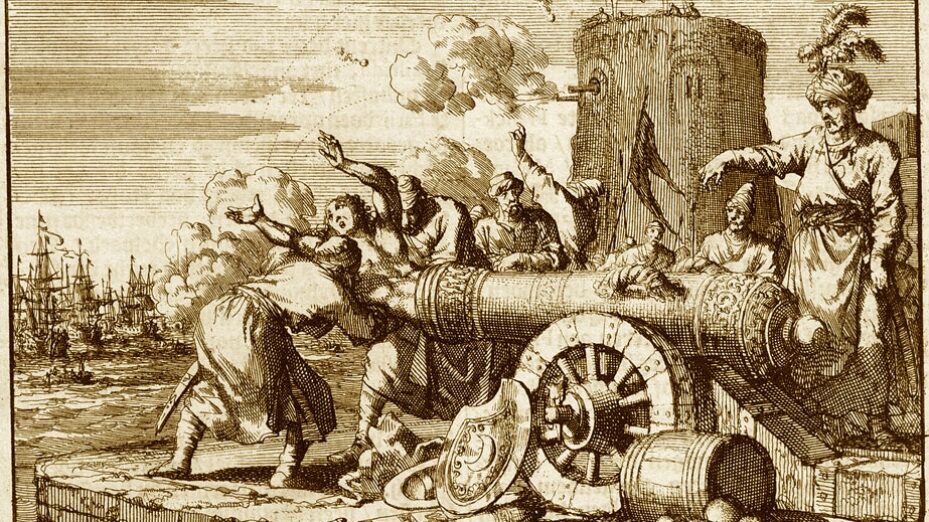 L'exécution du consul de France, Jean Le Vacher, projeté sur le navire-amiral de Duquesne le 26 juillet 1683. Par Jan Luyken — Amsterdams Historic Museum, Domaine public, https://commons.wikimedia.org/w/index.php?curid=9489332