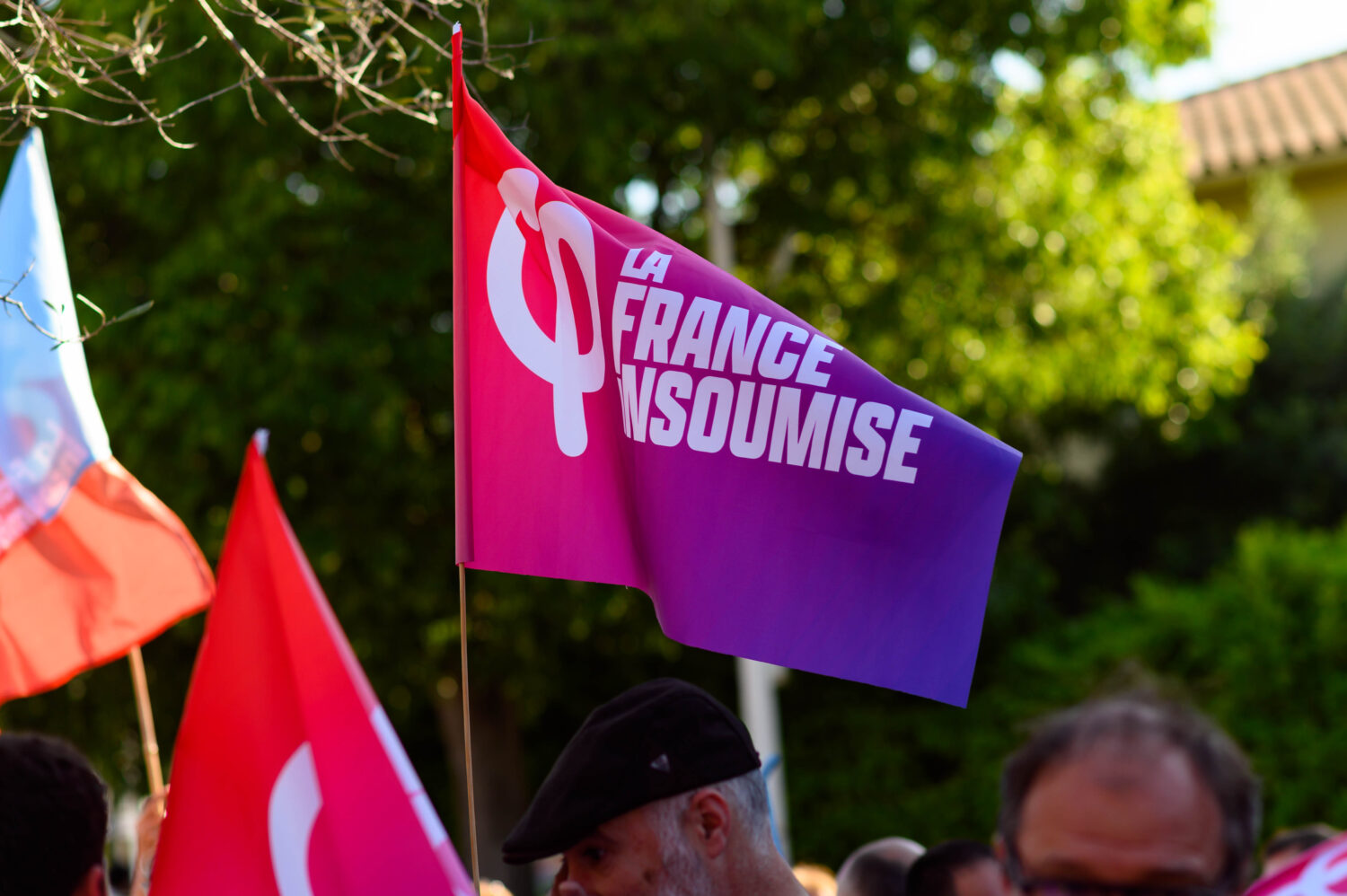 Drapeau LFI à la manifestation de Vauvert (Gard) le 20 mai 2026